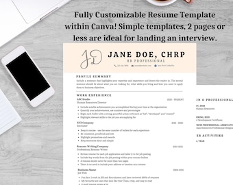 May include: A resume template with a professional design. The template includes a profile summary, work experience, skills and professional activities sections. The template is fully customizable and can be used in Canva.