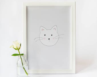 Illustrated Cat Print · PRINTABLE WALL ART · Minimal Cat Print · Cute Cat Watercolour Print Poster · Kids Room Nursery Decor