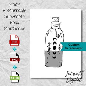 Puede incluir: Ilustración en blanco y negro de línea de una botella con una poción para dormir dentro. La botella tiene un dije de diamante colgando del tapón. El texto en la botella dice "poción para dormir" y "((●))" con tres lunas crecientes. El texto "Salvapantallas personalizado" está en un cuadro turquesa en la parte inferior derecha de la imagen.