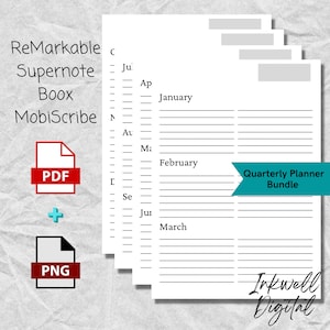 Può includere: Un set di planner trimestrali stampabili in bianco e nero da utilizzare con dispositivi di presa appunti digitali come Remarkable, Supernote, Boox e MobiScribe. Il planner include sezioni per gennaio, febbraio e marzo.