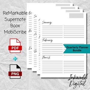 Può includere: Un pacchetto di pianificatori trimestrali stampabili da utilizzare con dispositivi di presa appunti digitali come Remarkable, Supernote, Boox e MobiScribe. Il pianificatore include sezioni per gennaio, febbraio e marzo.