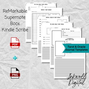 May include: A collection of printable Tarot & Oracle journal templates for ReMarkable, Supernote, Boox, and Kindle Scribe devices. The templates include layouts for yearly, monthly, and daily spreads, with PDF and PNG file formats available.