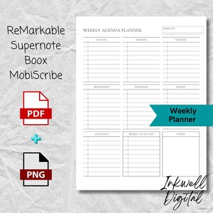 Peut inclure: Un planificateur d'agenda hebdomadaire blanc avec une bannière turquoise indiquant "Weekly Planner". Le planificateur comprend des sections pour chaque jour de la semaine, une liste de tâches et des notes. L'image montre également des icônes de fichiers PDF et PNG.