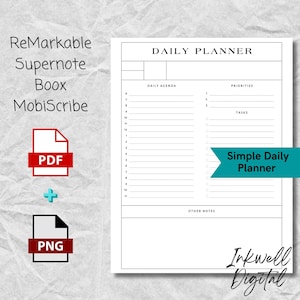 Può includere: Un planner giornaliero in bianco e nero con il testo "DAILY PLANNER" in alto. Il planner è diviso in tre sezioni: Agenda giornaliera, Priorità e Attività. C'è anche una sezione per Altre note. Il planner è progettato per l'uso con un blocco note digitale o un tablet.
