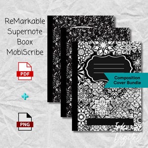 Puede incluir: Un paquete de cubiertas de composición con tres cuadernos. Las cubiertas muestran un diseño de mandala floral en blanco y negro, un patrón moteado en blanco y negro y una cubierta negra lisa. El texto "ReMarkable Supernote Boox MobiScribe" es visible.