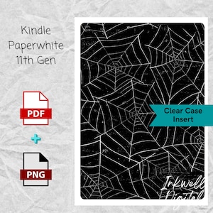 Könnte beinhalten: Schwarzes und weißes Spinnennetz-Muster zum digitalen Download für einen transparenten Case-Einsatz für einen Kindle Paperwhite der 11. Generation. Das Design ist im PDF- und PNG-Format verfügbar.