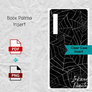 Könnte beinhalten: Schwarzer und weißer Spinnennetz-Design-Klarhülleinsatz für einen Boox Palma E-Reader. Das Design zeigt ein sich wiederholendes Muster aus Spinnennetzen mit weißem Umriss auf schwarzem Hintergrund. Der Einsatz ist mit dem Boox Palma E-Reader kompatibel und als PDF- und PNG-Download verfügbar.
