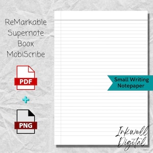 Op de afbeelding: Wit gelijnd notitiepapier met de tekst "Small Writing Notepaper" in een turquoise banner. De afbeelding bevat ook de tekst "ReMarkable Supernote Boox MobiScribe" en PDF- en PNG-bestandspictogrammen. Het Inkwell Digital-logo staat rechtsonder.