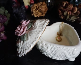 vintage white porcelain heart shaped jewelry box with pink roses
