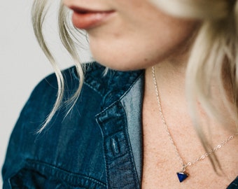 Lapis Lazuli Necklace | Natural Crystal Tiny Pendant Necklace | Custom Length Sterling Silver Chain | Delicate Lapis Lazuli Pendant