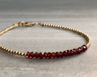 Red Garnet Bracelet | Tiny Silver or Gold Beads | Dainty Genuine Garnet Jewelry | 14K Gold Filled Gift for Wife, Girlfriend