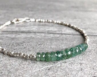 Green Kyanite Bracelet | Delicate Beaded Bracelet | Hill Tribe Silver Bead Jewelry | Custom Size Natural Crystal Kyanite Jewelry
