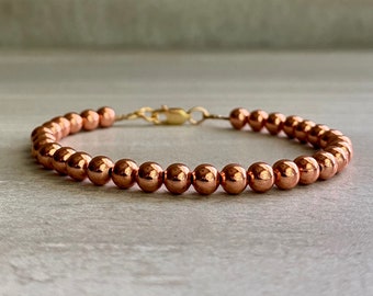 Real Copper Bracelet | Small Bead Bracelet for Men, Women | 14K Gold Filled Clasp | 6 7 8 9 Inch Custom Size