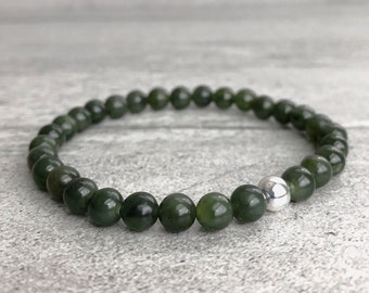Green Jade Bracelet | Stretchy Sterling Silver Bracelet | Genuine Nephrite Jade Jewelry for Women, Men | Stackable Natural Jade Mala Beads