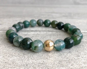 Moss Agate Bracelet | Natural Healing Stone Jewelry | Gold Energy Bracelet for Women, Men | Stretchy Green Agate Bead Bracelet