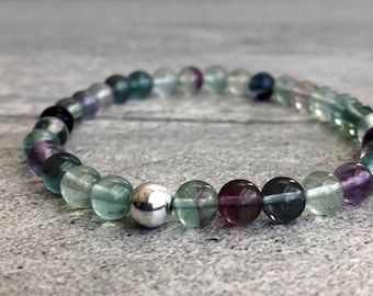 Rainbow Fluorite Bracelet | Silver or Gold Beaded Bracelet for Women, Men | Natural Fluorite Crystal Jewelry | Stretch Mala Bracelet