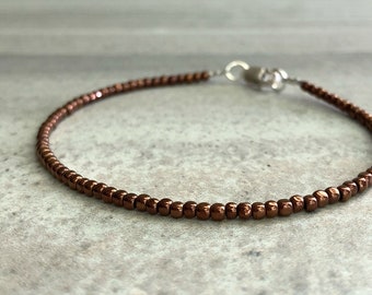 Tiny Beaded Bracelet | Copper Hematite Cube Bracelet for Women, Men | 5 6 7 8 9 inch Custom Size | Minimalist Gemstone Jewelry