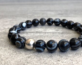Black Bead Bracelet | Men's Women's Natural Stone Jewelry | Stackable Stretch Bull’s Eye Agate Bracelet | Crystal Mala
