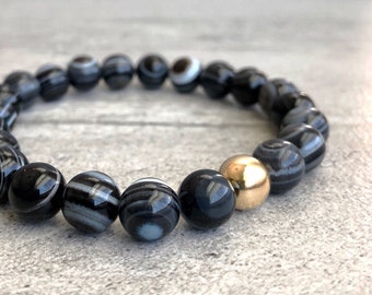 Black Beaded Bracelet | Stretch Mala Bead Bracelet for Men, Women | Black Agate Jewelry | 5 6 7 8 9 Inch Size for Small or Large Wrists