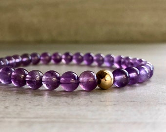 Amethyst Mala Bracelet | Healing Crystals for Anxiety | 6 7 8 9 inch Elastic Bracelet | Purple Beaded Jewelry for Women, Men