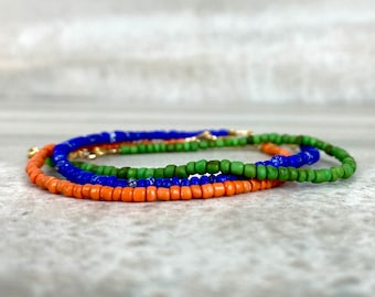 Boho Seed Bead Bracelet | Blue, Green or Orange Beads | 14K Gold Filled Clasp | Custom Size for Small or Large Wrists | Hand Beaded Jewelry