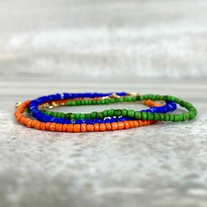 Boho Seed Bead Bracelet Blue, Green or Orange Beads 14K Gold Filled Clasp Custom Size for Small or Large Wrists Hand Beaded Jewelry image 1