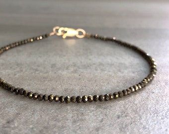 Pyrite Bracelet | Tiny Bead Bracelet for Women, Men | Natural Semi Precious Stones | Faceted Gemstone Bracelet | Silver or Gold Clasp