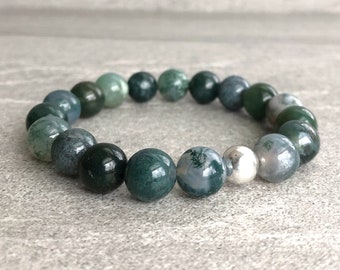 Green Agate Bracelet | Moss Agate Mala Bead Jewelry | Women's, Men's Crystal Stretch Bracelet | Gold or Silver Bead