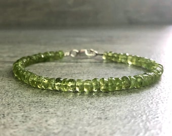 Genuine Peridot Bracelet | Sterling Silver or Gold Clasp | Green Natural Stone Jewelry | Women's or Men's Beaded Bracelet