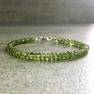 Genuine Peridot Bracelet | Sterling Silver or Gold Clasp | Green Natural Stone Jewelry | Women's or Men's Beaded Bracelet