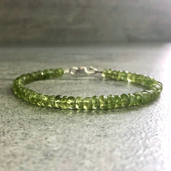 Genuine Peridot Bracelet | Sterling Silver or Gold Clasp | Green Natural Stone Jewelry | Women's or Men's Beaded Bracelet