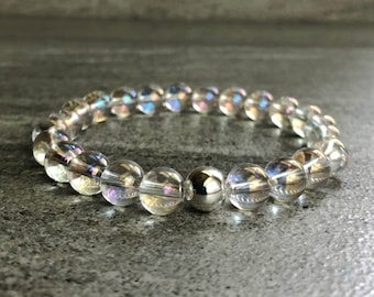 Clear Quartz Bracelet | Crystal Quartz Bead Bracelet | 6" 7" 8" 9" Sterling Silver Stretch Bracelet | Men's, Women's Quartz Jewelry