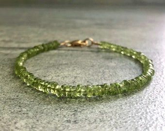 Green Peridot Bracelet | 14 K Gold Filled Jewelry | Natural Gemstone Jewelry | Women's or Men's Small Bead Gold Bracelet