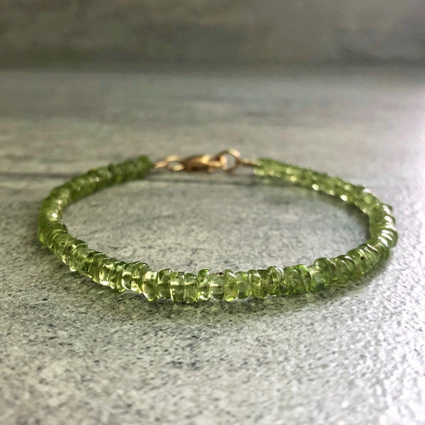 Green Peridot Bracelet | 14 K Gold Filled Jewelry | Natural Gemstone Jewelry | Women's or Men's Small Bead Gold Bracelet