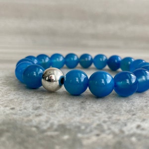 Blue Agate Bracelet Large Bead Stretch Bracelet Healing Crystals for Peace Mala Bead Bracelet for Men, Women Agate Stone Bracelet image 1