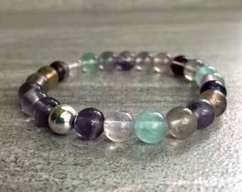 Rainbow Fluorite Bracelet | Healing Crystal Mala Bead Bracelet | Natural Fluorite Jewelry |  Stretch Bracelet for Small or Large Wrists