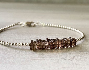 Smoky Quartz Bracelet | Square Bead Bracelet with Metal Balls | Sterling Silver or Gold Clasp | 6 to 9 Inch Size for Small or Large Wrists