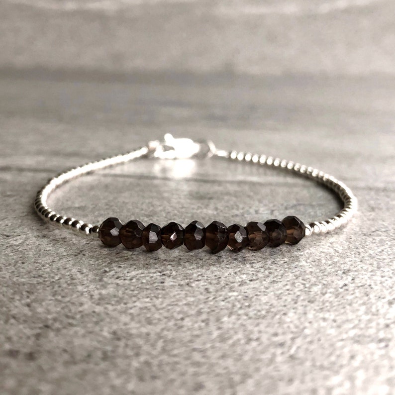 Smoky Quartz Bead Bracelet Brown Crystal Jewelry Faceted Gemstone Bracelet Tiny Silver or Gold Ball Beads image 2