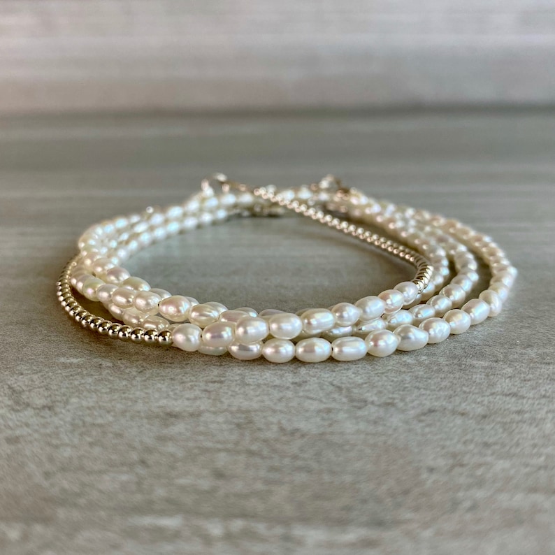 Tiny Pearl Bracelet White Freshwater Pearl Jewelry 5 6 7 8 9 Inch Size Gold or Sterling Silver Clasp Delicate Dainty Jewelry image 3