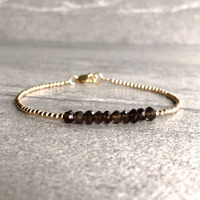 Smoky Quartz Bead Bracelet Brown Crystal Jewelry Faceted Gemstone Bracelet Tiny Silver or Gold Ball Beads image 5