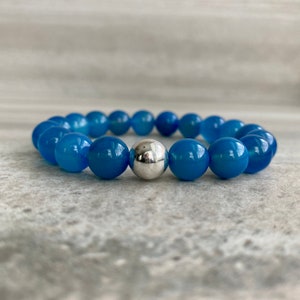 Blue Agate Bracelet Large Bead Stretch Bracelet Healing Crystals for Peace Mala Bead Bracelet for Men, Women Agate Stone Bracelet image 5