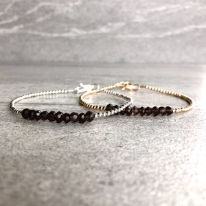 Smoky Quartz Bead Bracelet Brown Crystal Jewelry Faceted Gemstone Bracelet Tiny Silver or Gold Ball Beads image 4
