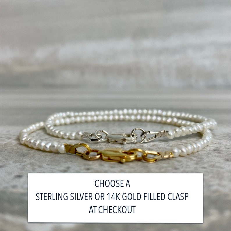 May include: A white pearl necklace with a sterling silver or 14k gold filled clasp. CHOOSE A STERLING SILVER OR 14K GOLD FILLED CLASP AT CHECKOUT.