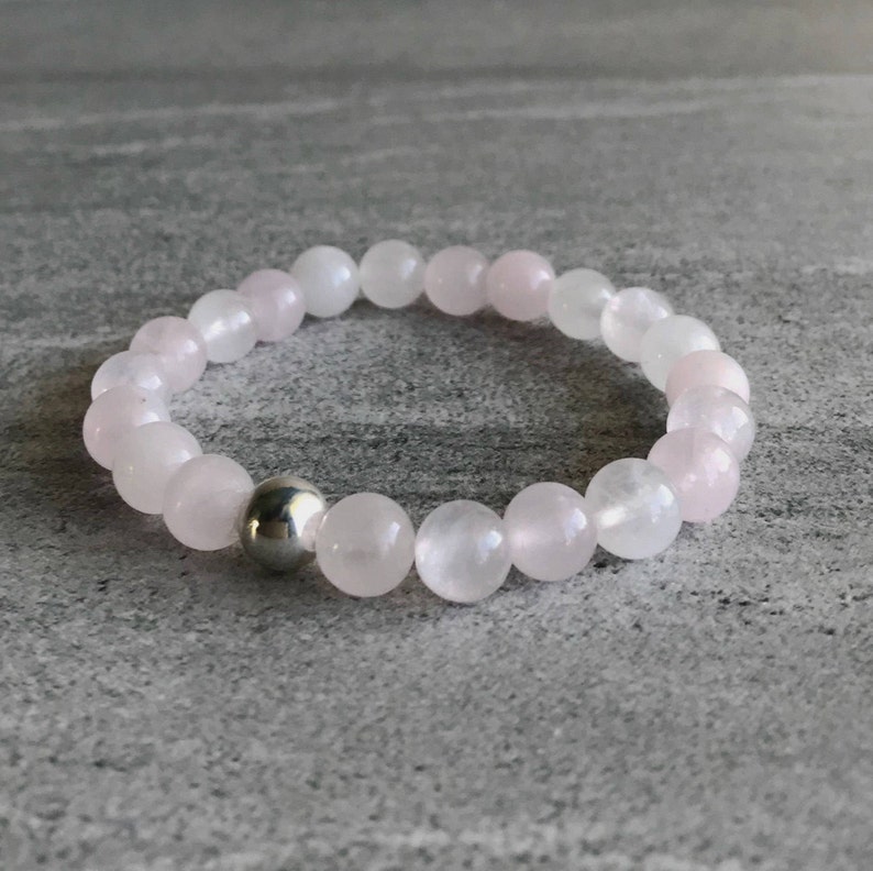 Rose Quartz Bracelet Men's, Womens Stretch Bracelet Gold or Silver Bead Pink Natural Crystal Hand Made Jewelry image 2