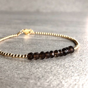 Smoky Quartz Bead Bracelet Brown Crystal Jewelry Faceted Gemstone Bracelet Tiny Silver or Gold Ball Beads image 1