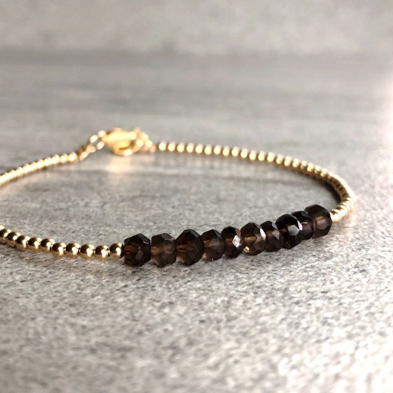 Smoky Quartz Bead Bracelet Brown Crystal Jewelry Faceted Gemstone Bracelet Tiny Silver or Gold Ball Beads image 1