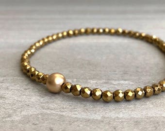 Gold Bead Stretch Bracelet | Faceted Hematite Jewelry | Tiny Crystal Stone Gold Bar Bracelet | Stacking Stretchy Bracelet