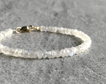 Rainbow Moonstone Bracelet | Silver or Gold Clasp | White Gemstone Bracelet for Women, Men | Faceted Moonstone Jewelry