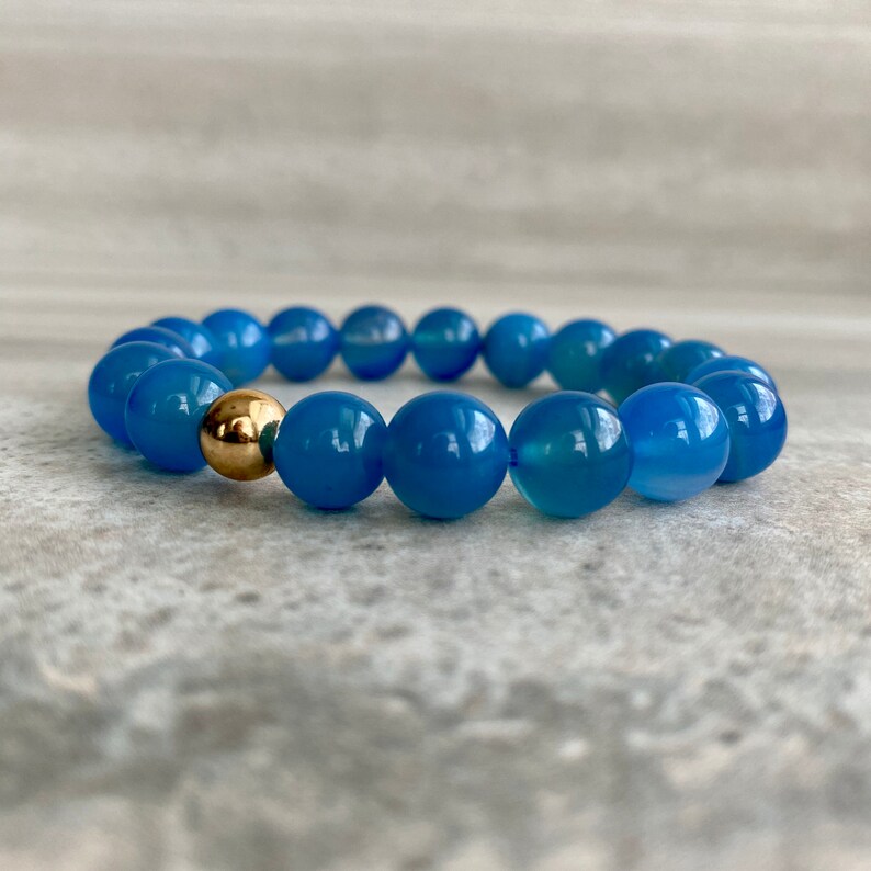 Blue Agate Bracelet Large Bead Stretch Bracelet Healing Crystals for Peace Mala Bead Bracelet for Men, Women Agate Stone Bracelet image 2