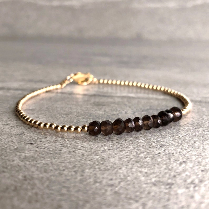 Smoky Quartz Bead Bracelet Brown Crystal Jewelry Faceted Gemstone Bracelet Tiny Silver or Gold Ball Beads image 7